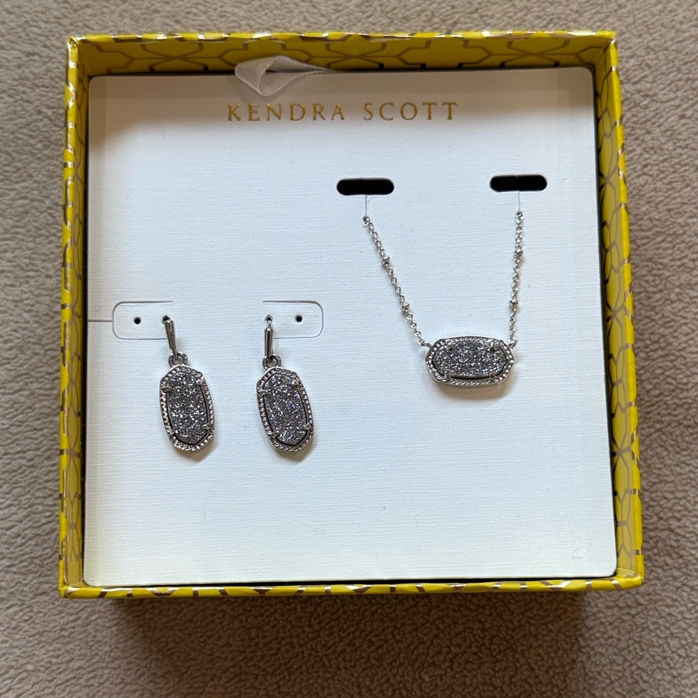 NEW • Kendra Scott • Elisa & Lee Rhodium Platinum Druzy Necklace & Earrings Set